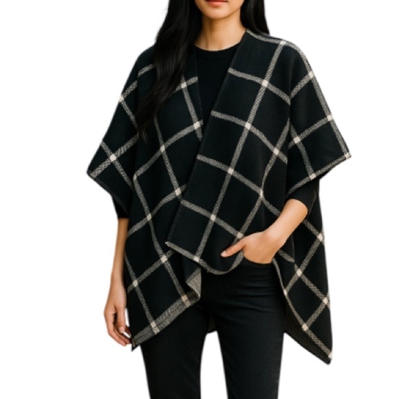 LAUREN RALPH LAUREN Reversable Cape Black Plaid/ Grey Herringbone Prep Classic - Picture 1 of 11